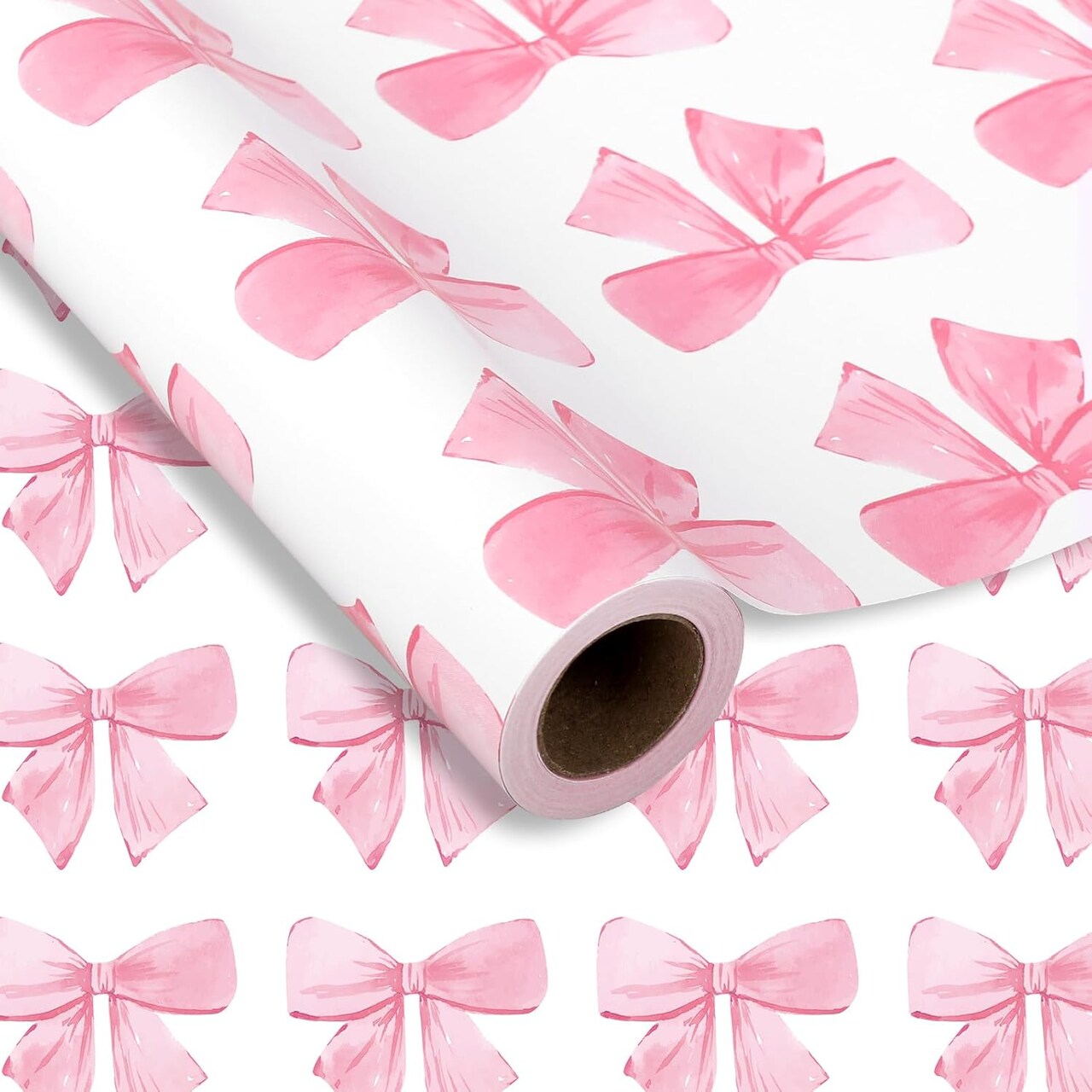 Pink Bow Wrapping Paper -Mini Roll- 17In x 32.8 Ft Watercolor Bow Knot Gift Wrap Paper Sweet Craft Paper for Valentine's Day Birthday Wedding Party Packing Supplies